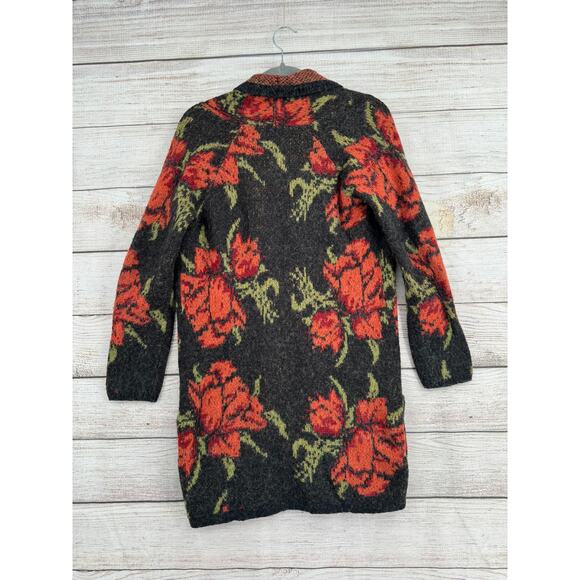 Free People Floral Knit Cardigan Sweater Womens Small Black Red Wool Blend - Picture 2 of 12